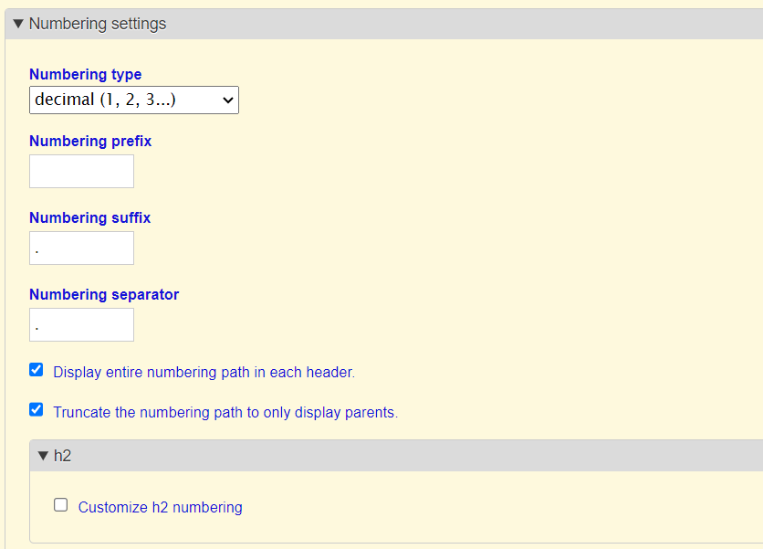 Numbering settings